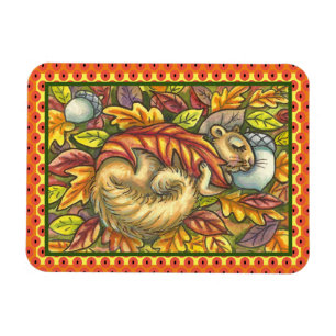 SQUIRREL SLEEPING UNDER AUTUMN LEAVES, SEASONAL MAGNET