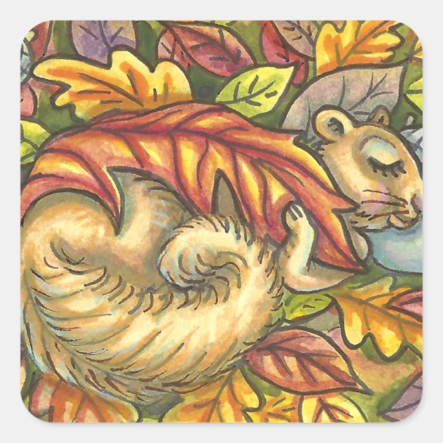 SQUIRREL SLEEPING UNDER AUTUMN LEAVES, SEASONAL SQUARE STICKER (Front)
