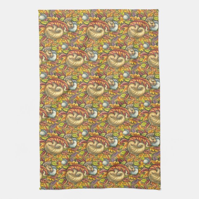SQUIRREL SLEEPING UNDER AUTUMN LEAVES, SEASONAL TEA TOWEL (Vertical)