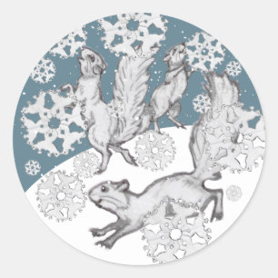 Squirrel Snowflake Fun Blue Winter Snow Christmas Classic Round Sticker