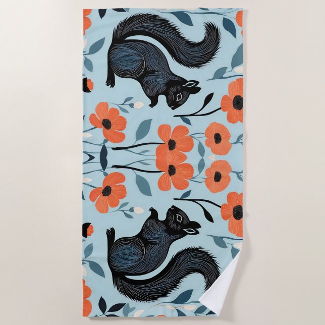 Squirrel Spring Flowers Art  Beach Towel (Front)