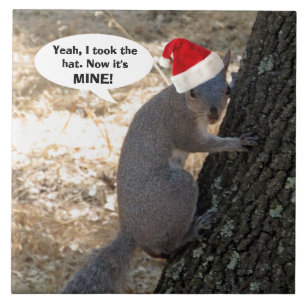 Squirrel Steals Santa Hat Ceramic Tile