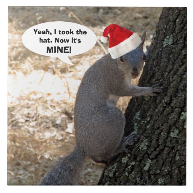 Squirrel Steals Santa Hat Ceramic Tile (Front)