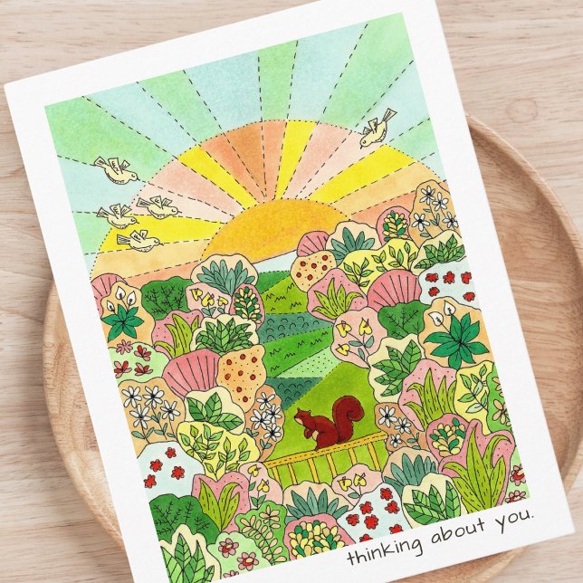 Squirrel Sunrise Garden Thinking About You Postcard (Creator Uploaded)
