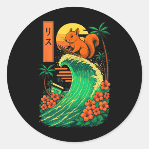 Squirrel Surfing Japanese Classic Round Sticker