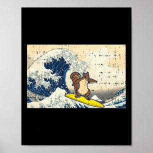 Squirrel Surfing Japanese Wave Funny Art Men Women Poster