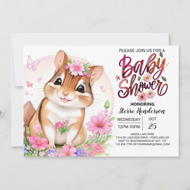 Squirrel Sweetness Pink Floral Girl Baby Shower Invitation (Front)