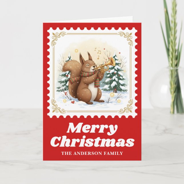 Squirrel Trumpet Retro Postage Stamp Christmas Holiday Card (Front)