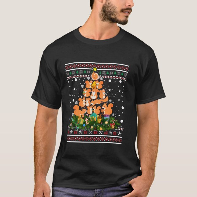 Squirrel Ugly Christmas Tree Funny Candy Cane Snow T-Shirt (Front)