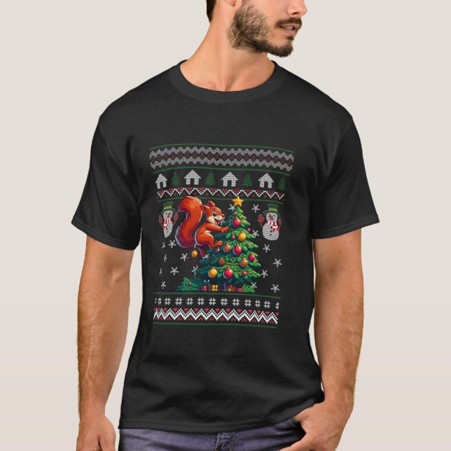 Squirrel Ugly Christmas Tree Funny Santa Hat Snowm T-Shirt (Front)