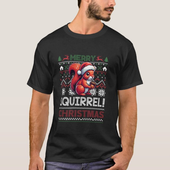 Squirrel Ugly Merry Christmas Tree Santa Hat Snowm T-Shirt (Front)