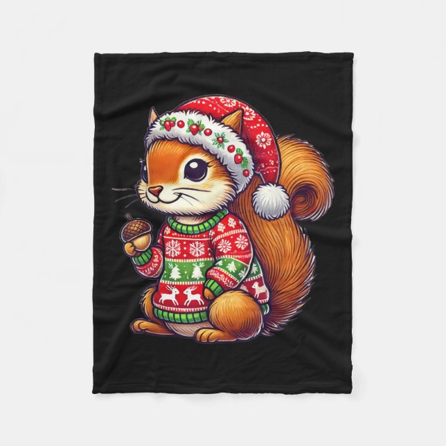 Squirrel Ugly Sweater Santa Hat Christmas  Fleece Blanket (Front)