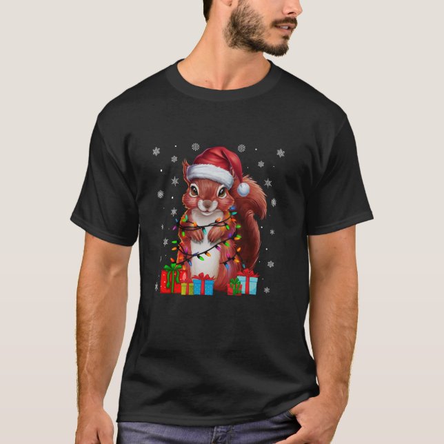 Squirrel Ugly Xmas Lights Santa Hat Squirrel Chris T-Shirt (Front)