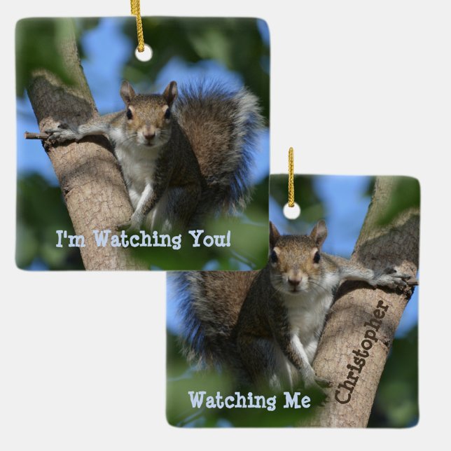 Squirrel Watching from a Tree Personalised Ceramic Ornament (Creator Uploaded)