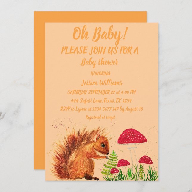 Squirrel Watercolor Baby Girl Boy Mushroom Red Inv Invitation (Front/Back)