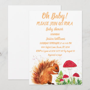 Squirrel Watercolor Baby Girl Boy Mushroom Red Invitation