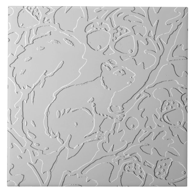 Squirrel White Grey Black Embossed Woodland Acorn Tile (Front)