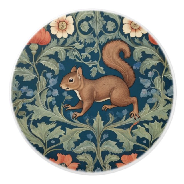 Squirrel William Morris style Left Facing Floral Ceramic Knob (Front)