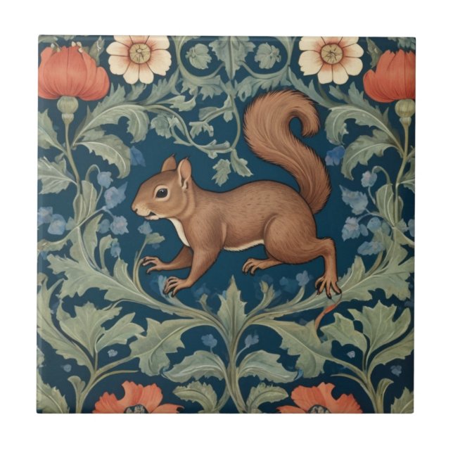Squirrel William Morris style Left Facing Floral Tile (Front)