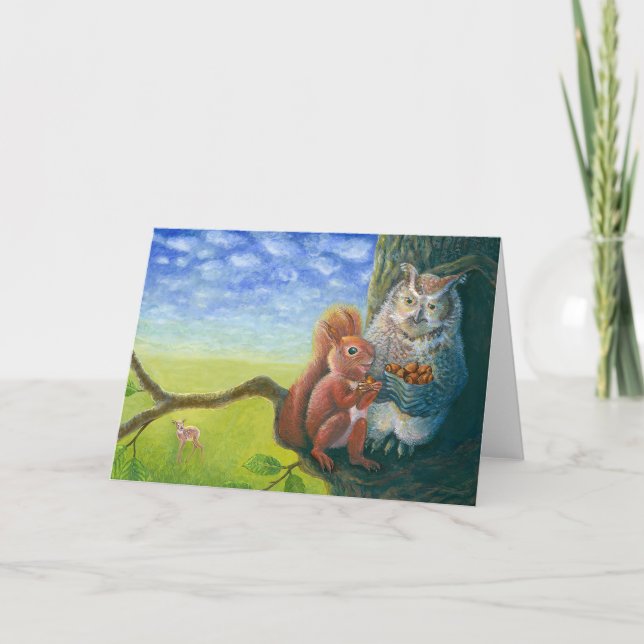 Squirrel & Wise Owl with Hazelnuts Illustration Card (Front)