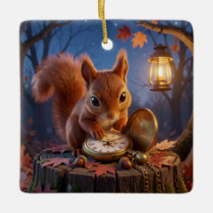 Squirrel with a Brass Pocket Watch, Autumn Dusk Ceramic Ornament