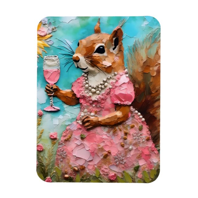 Squirrel with a Pink Dress and a Drink Magnet (Vertical)