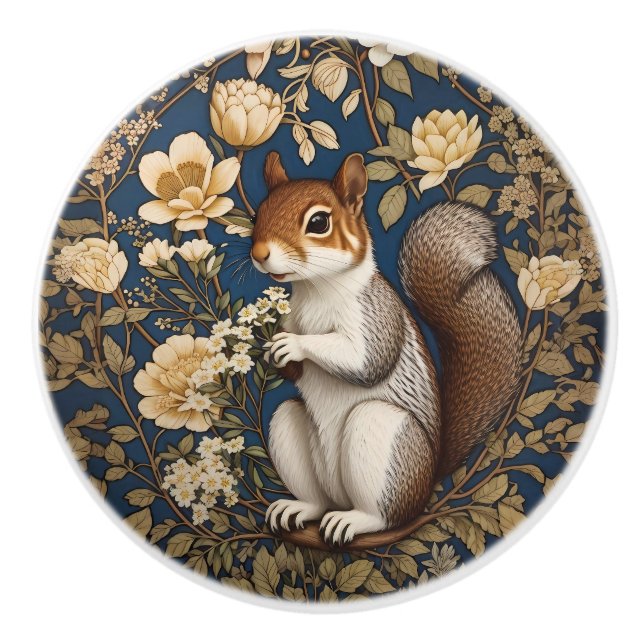 Squirrel With Acacia Flowers William Morris Ceramic Knob (Front)