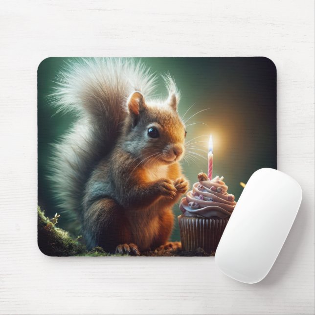 Squirrel With Birthday Cupcake Mouse Mat (With Mouse)