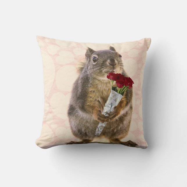 Squirrel with Bouquet of Red Roses Cushion (Front)