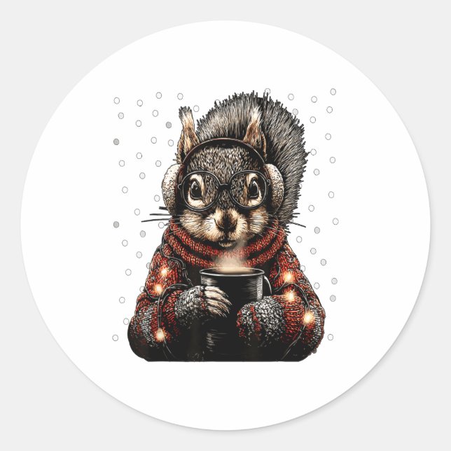 Squirrel With Gles Christmas Lights Funny Coffee W Classic Round Sticker (Front)