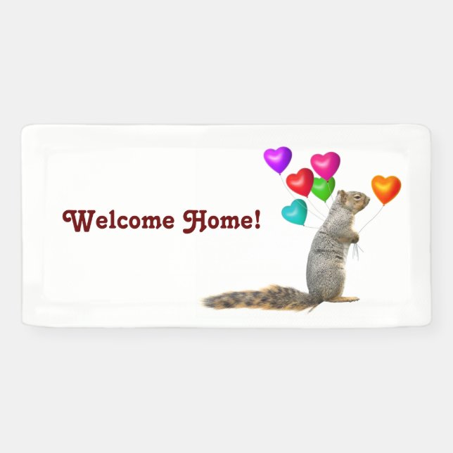 Squirrel with Heart Balloons Welcome Home Banner (Horizontal)