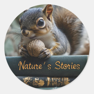 Squirrel with Nut on Antique Books, Nature's Story Classic Round Sticker