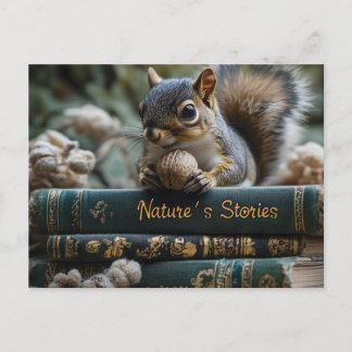 Squirrel with Nut on Antique Books, Nature's Story Holiday Postcard