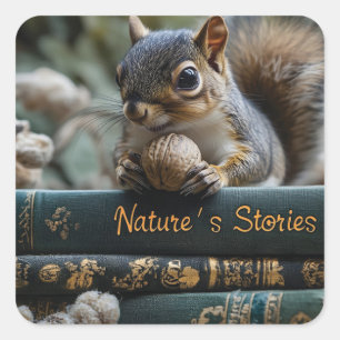 Squirrel with Nut on Antique Books, Nature's Story Square Sticker