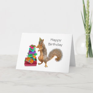 Squirrel with Pile of Presents Birthday Card