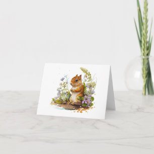 Squirrel with White and Purple Flowers BLANK  Card