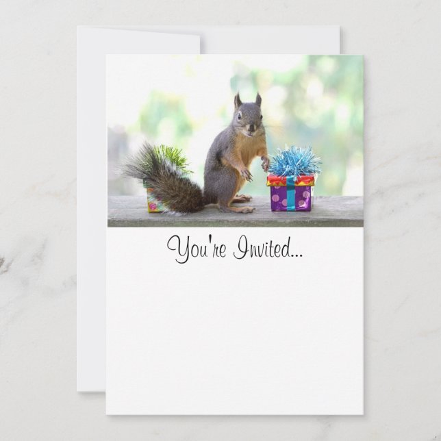 Squirrel with Wrapped Presents Invitation (Front)