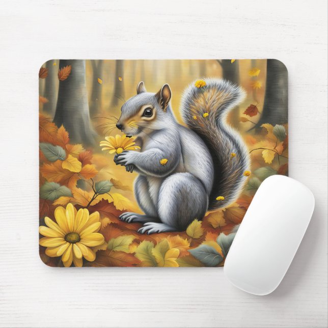 Squirrel With Yellow Daisy Mouse Mat (With Mouse)