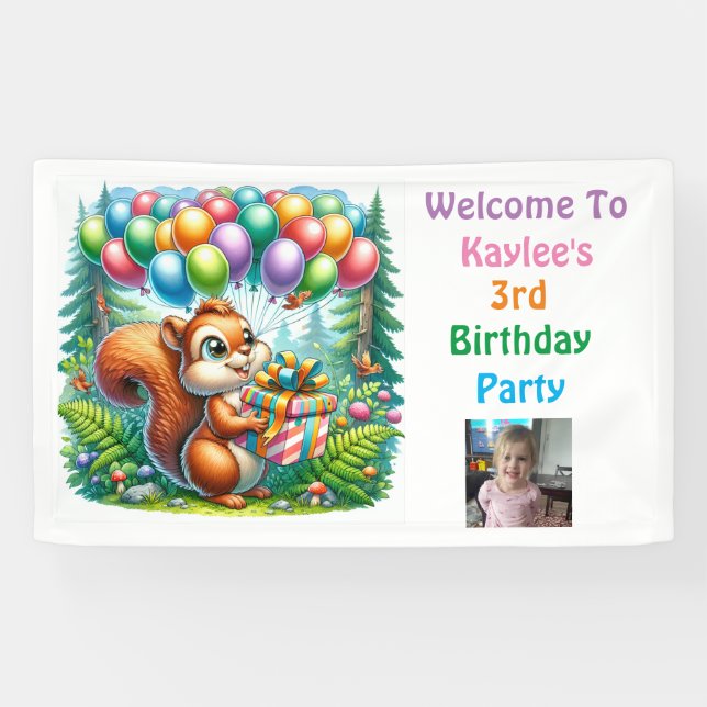 Squirrel Woodland Themed Birthday Personalised Banner (Horizontal)