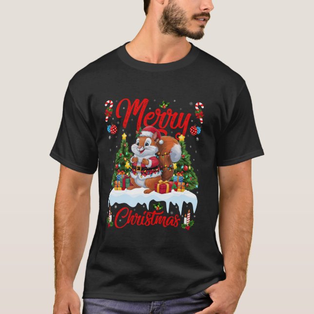 Squirrel Xmas Tree Lighting Santa Squirrel Christm T-Shirt (Front)