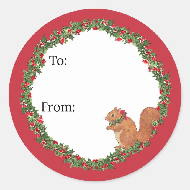 Squirrels and Holly Holiday  Classic Round Sticker (Front)