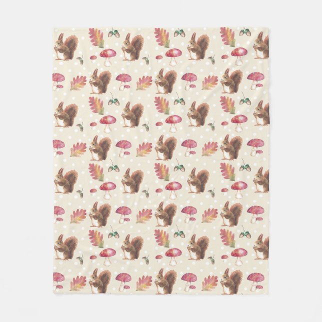 Squirrels and Toadstools Autumn Pattern Fleece Blanket (Front)