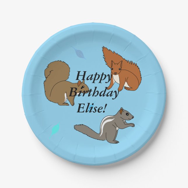Squirrels Blue Birthday Paper Plate (Front)
