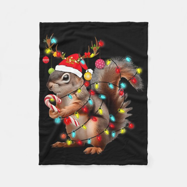 Squirrels Christmas Lights Funny Xmas Squirrel Lov Fleece Blanket (Front)