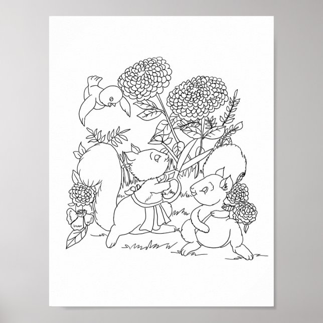 Squirrels Flowers Forest Animals Coloring page Poster (Front)