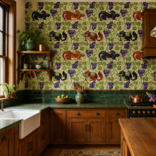 Squirrels in Grapevine Retro Victorian Era Pattern Wallpaper