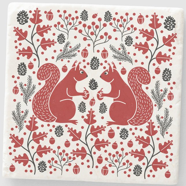 Squirrels in the Forest Art Stone Coaster (Squirrel in the Forest folk art woodland nature wildlife stone coaster)