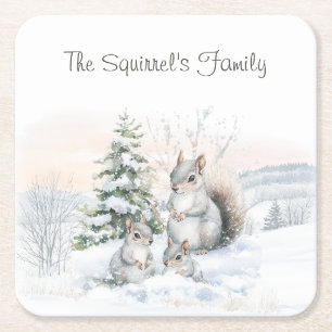 Squirrels in Winter Snow Square Paper Coaster