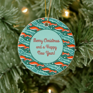 Squirrels jumping in the snow on a Christmas tree Ceramic Tree Decoration