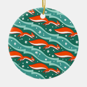 Squirrels jumping in the snow on a Christmas tree Ceramic Tree Decoration